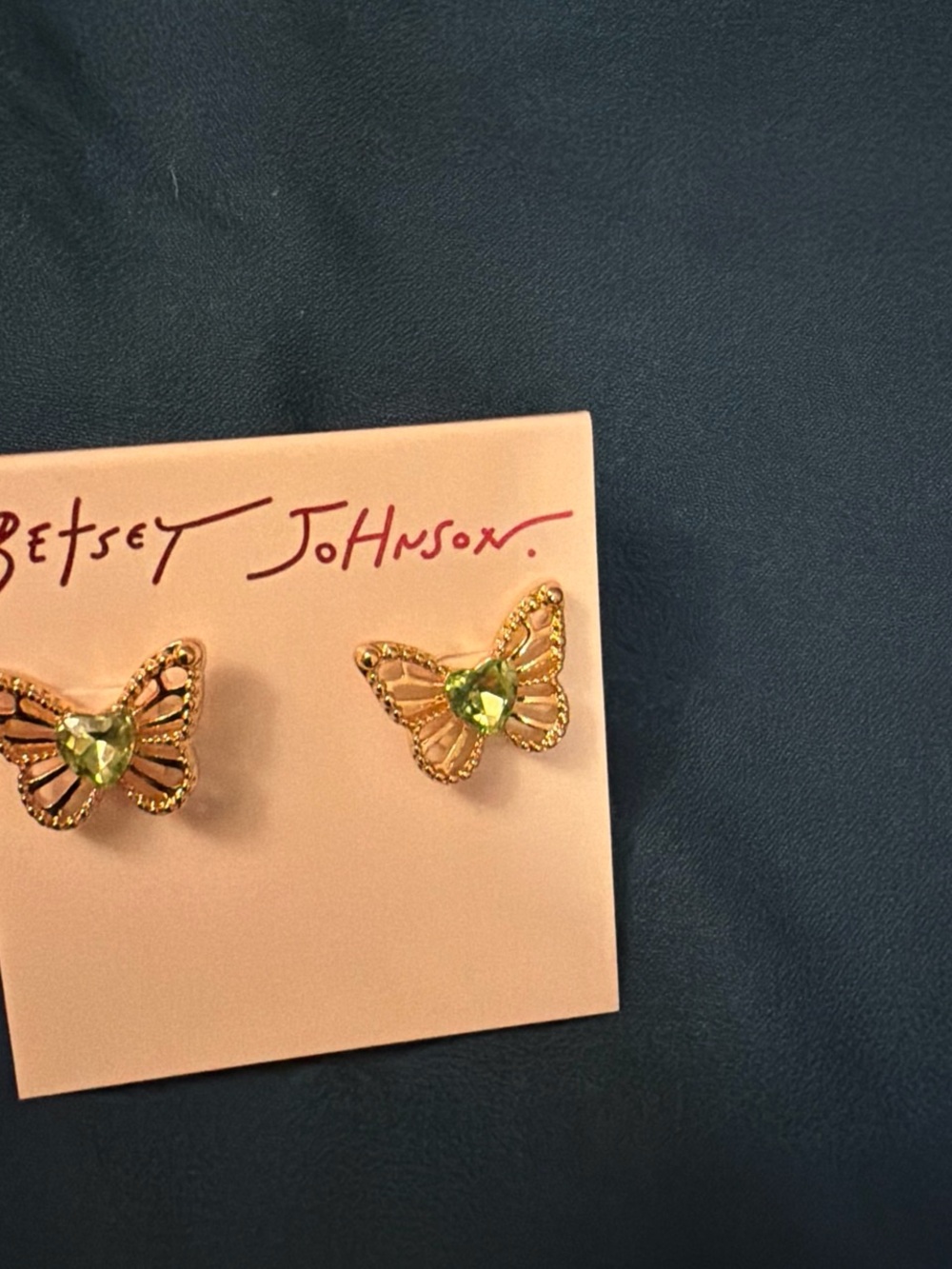 Betsey Johnson Gold Butterfly Earrings with Light Green Heart Crystals